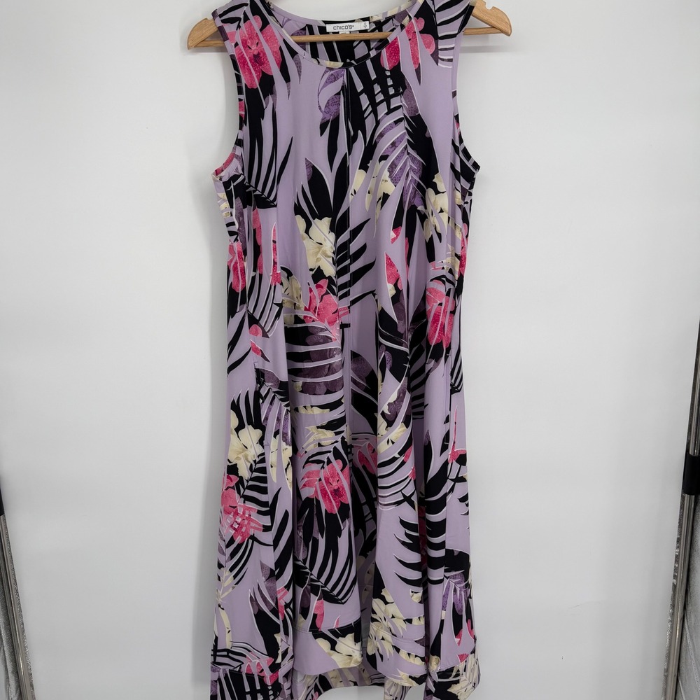 Chicos Women Floral Palms Lavender Tropical Print Sleeveless A-Line Dress Size 4